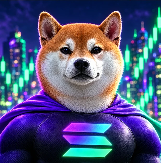 Sol Inu, a Shiba superhero wearing a purple cape and a glowing Solana emblem