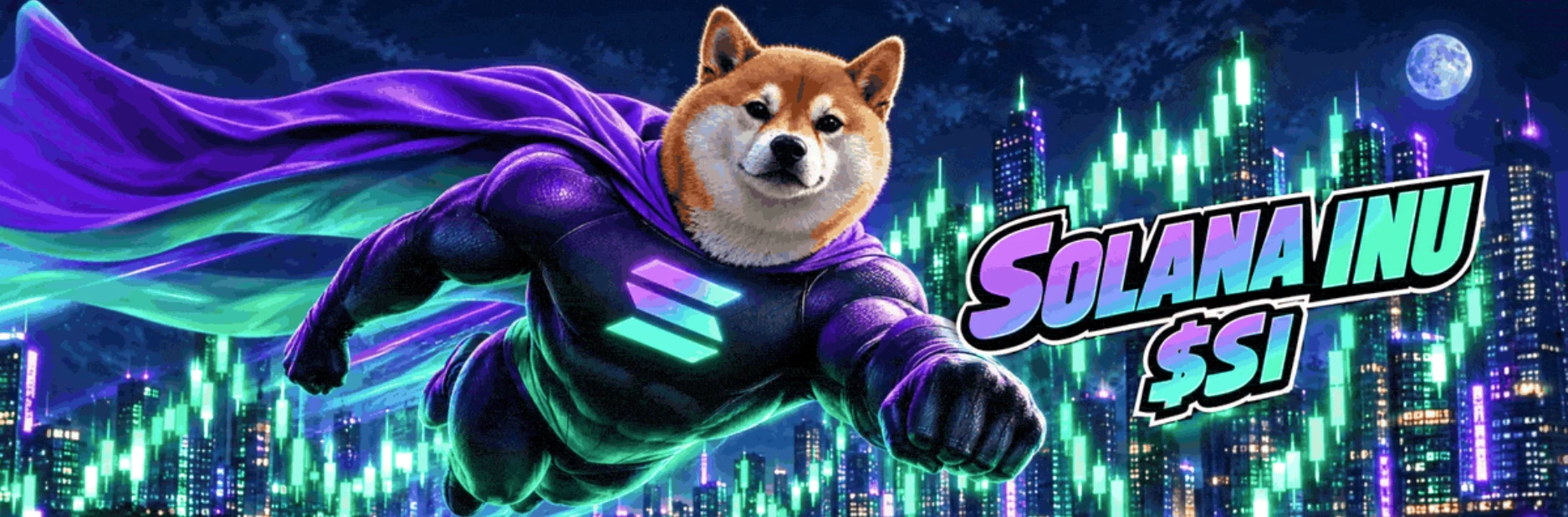 Sol Inu flies above a neon city, beside the supplied Solana Inu $SI wordmark